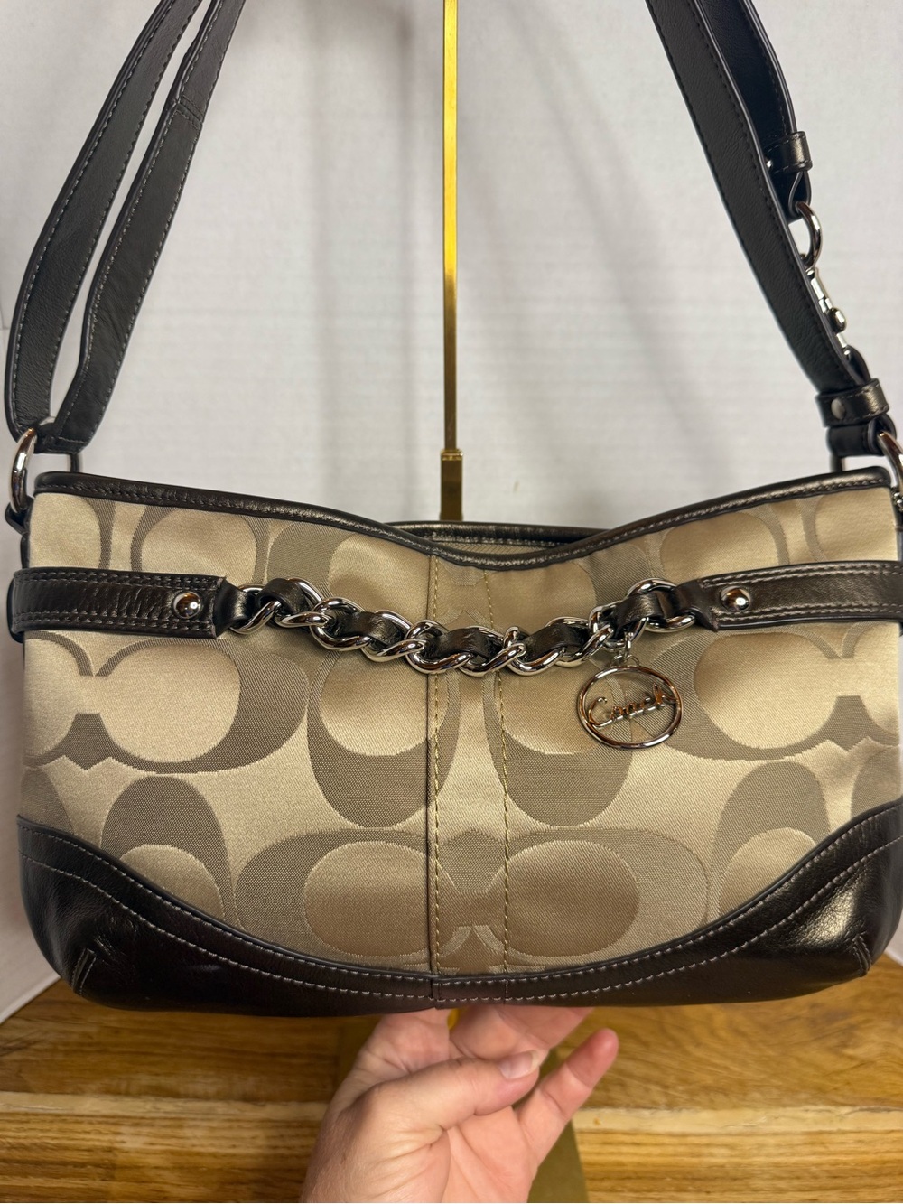 Coach F19724 Signature Jacquard Shoulder Bag Champagne Bronze Chain Charm EUC - Picture 2 of 16